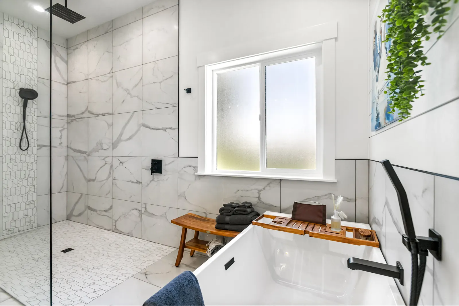 Primary bathroom with soaking tub and walk-in shower
