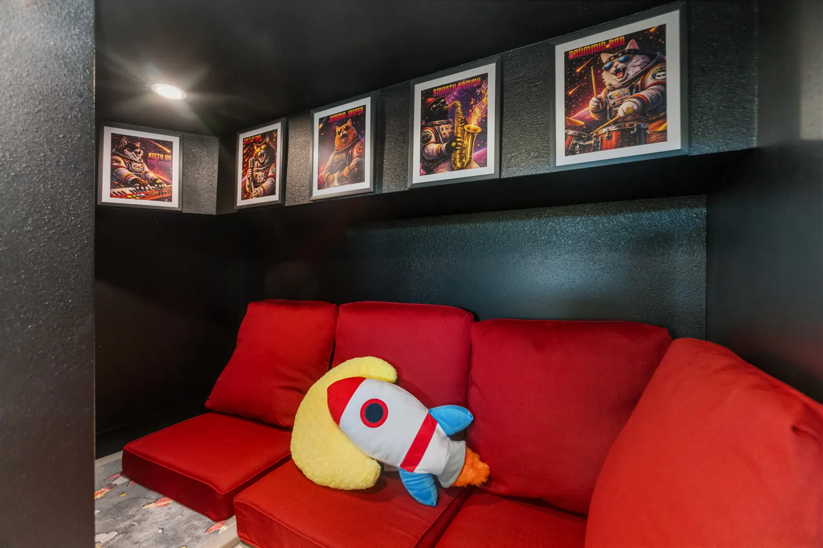 Whimsical space-themed kids nook with cozy seating